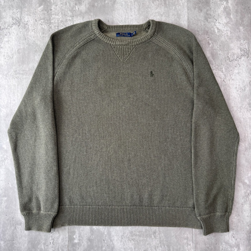 Polo Ralph Lauren Sweater Mens L Olive Single V Cotton Raglan Crewneck Pony Logo